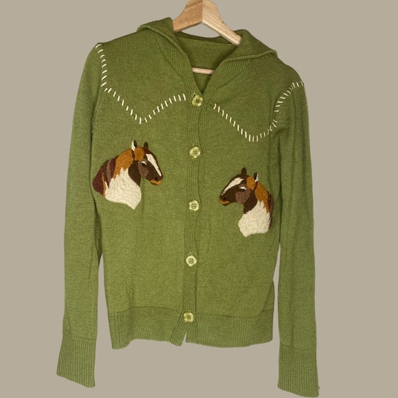 Vintage Embroidered Horse with Stitching Detail Green Cardigan Sz Med-ish - Picture 1 of 10